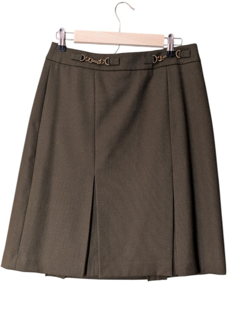 Talbots army green wool skirt hardware detail box pleat design size 4 preppy